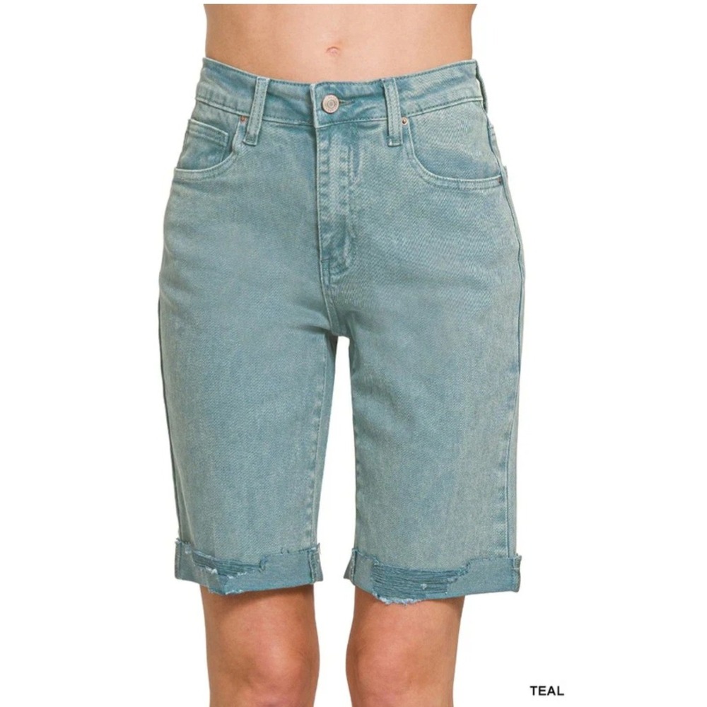 Zenana Acid Wash Dyed Bermuda Distressed Shorts DMP-1892Y Teal Large